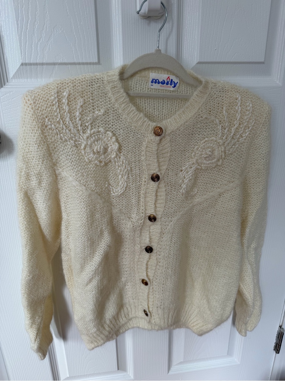 Sezane Cream Knit Button Cardigan with Floral Stitching